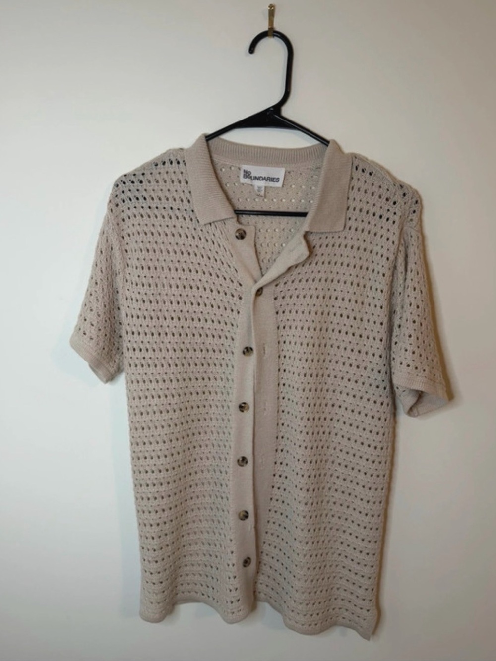 No Boundaries Beige Open-Weave Polo Knit Top